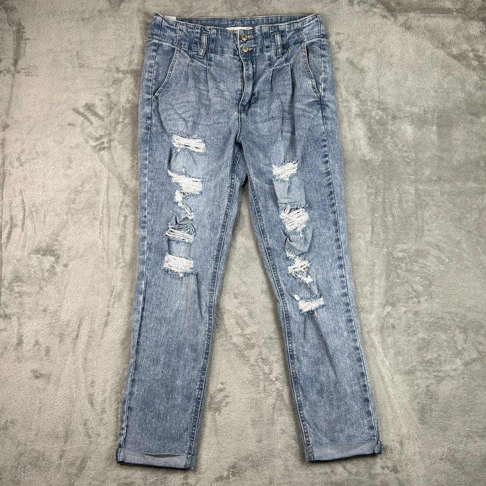 Almost Famous Jeans Womens 11 Juniors Light Wash Tapered Distressed Denim Cuffed